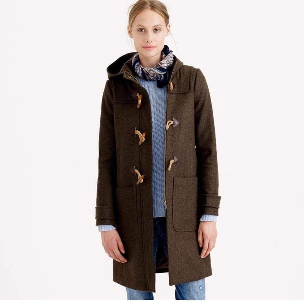 J. Crew Navy Wool Toggle Duffle Coat with Brown Leather Accents